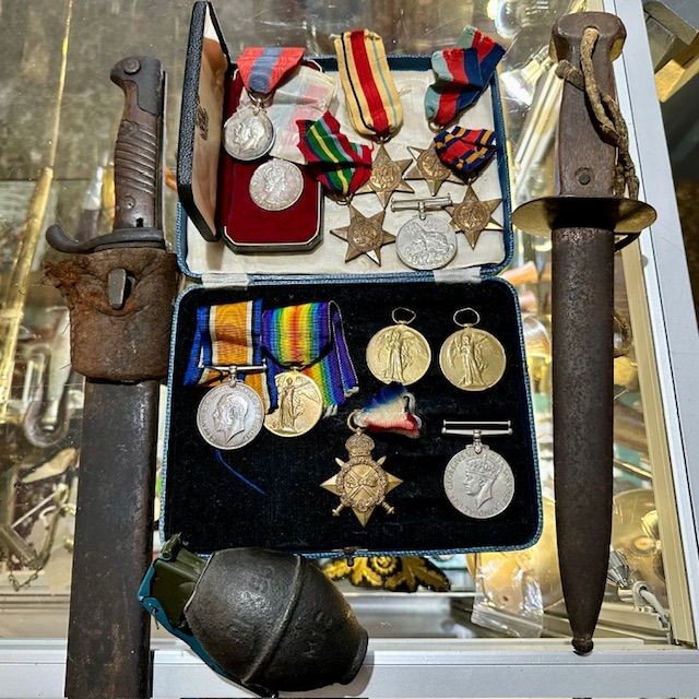 b2ap3_large_Armoury-Antiques-and-Militaria ***New In***A Small Collection of WW1/ WW2 Edged Items, Medals, Iron Practice Grenade, Machine Gun Belts (Deactivated), WW2 Canvas Items and a Family Pair of Imperial Service Medals. - Armoury Antiques | Marlborough Antiques