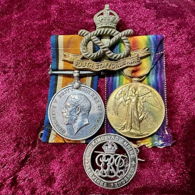 b2ap3_large_WW1-Medal-Group-1 ***New In***WW1 Medal Group, King's Badge and Cap Badge to South Staffordshire Regiment. - Armoury Antiques | Marlborough Antiques