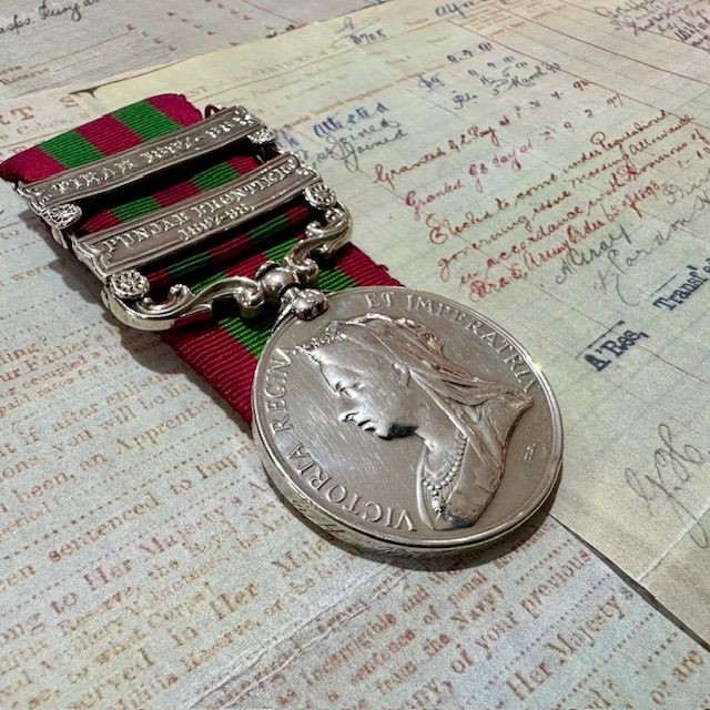 b2ap3_large_IGS-Medal-1 ***New In***Victorian India Medal with Two Bars and Research Package - 3708 PTE. J. GRAY. 1st BTN. GORDON HIGHANDERS. - Armoury Antiques | Marlborough Antiques