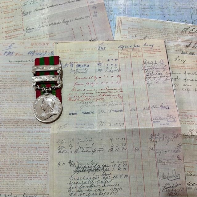 b2ap3_large_IGS-Medal-5 ***New In***Victorian India Medal with Two Bars and Research Package - 3708 PTE. J. GRAY. 1st BTN. GORDON HIGHANDERS. - Armoury Antiques | Marlborough Antiques